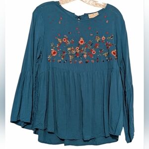 Grand & Greene Teal Blouse with Floral Embroidery